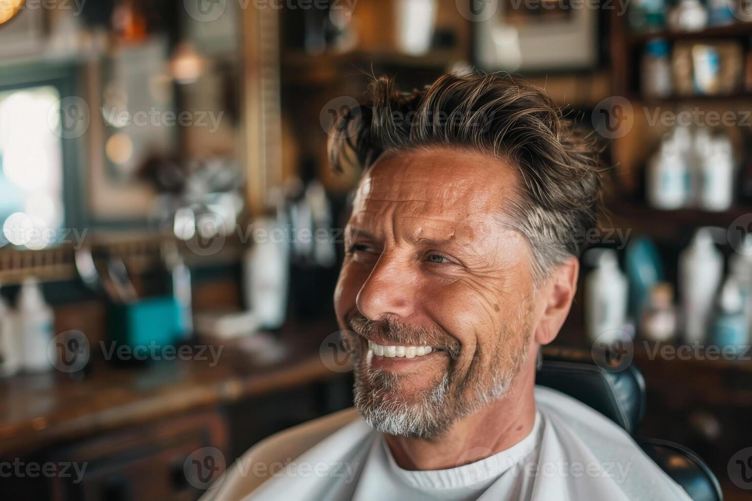 A man is smiling while sitting in a barber chair photo