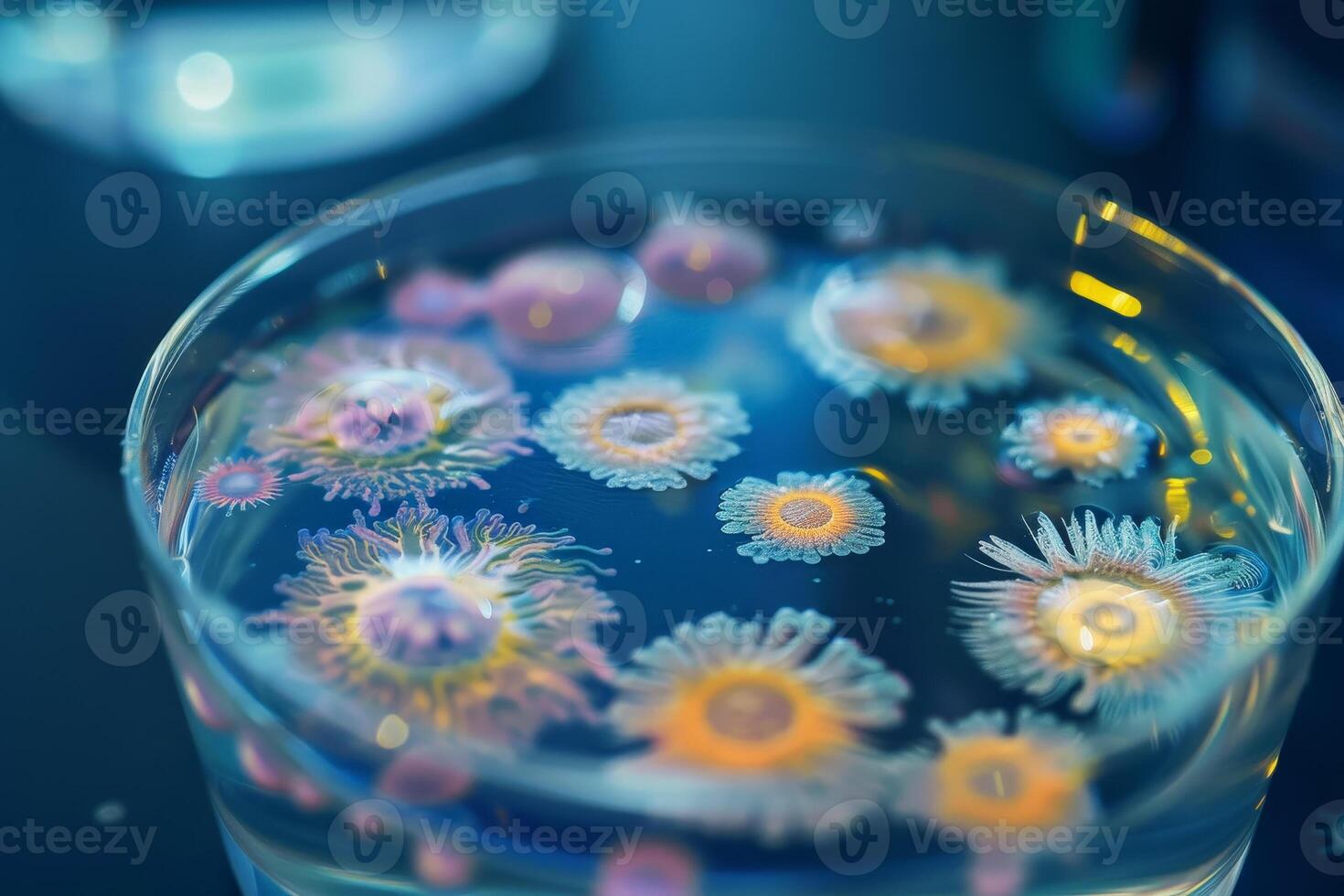 A glass of water with some colorful flowers in it photo