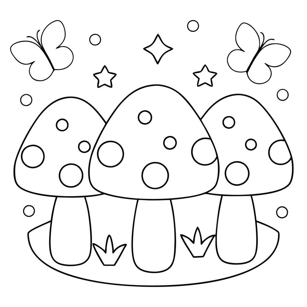Cute cartoon mushrooms whimsical forest scene line art illustration. vector