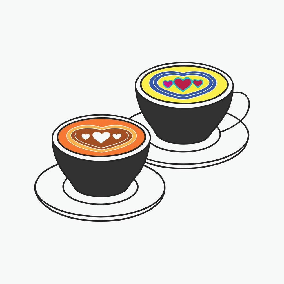 Two steaming coffee cups with heart designs. Two coffee cups, espresso, cappuccino, latte top view with a heart shape milk foam. vector