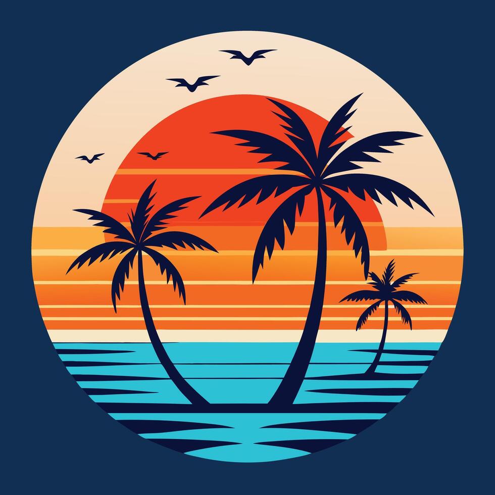 Tropical landscape with tall palm trees against the backdrop of sunset or sunrise. Beach sunset with coconut tree summer. vector