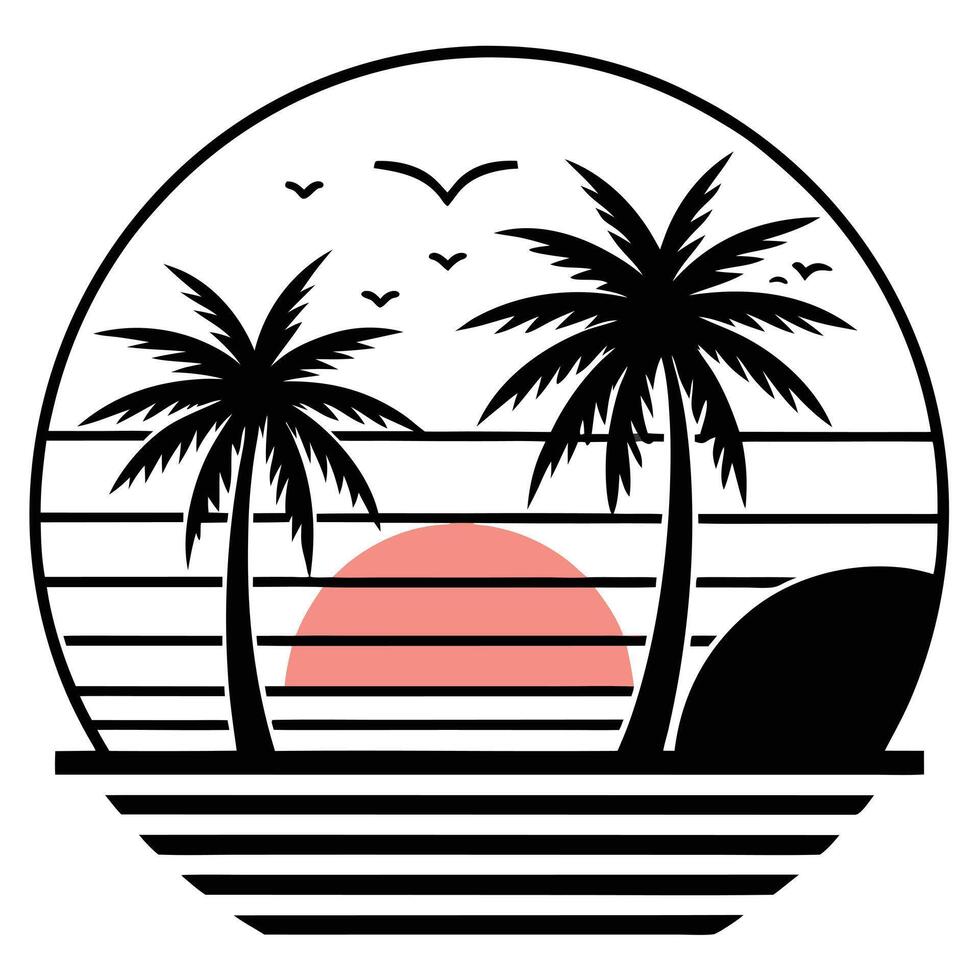 Beautiful sunset over beach, ocean and palm trees silhouette nature illustration. A serene tropical beach sunset with coconut tree summer.. vector