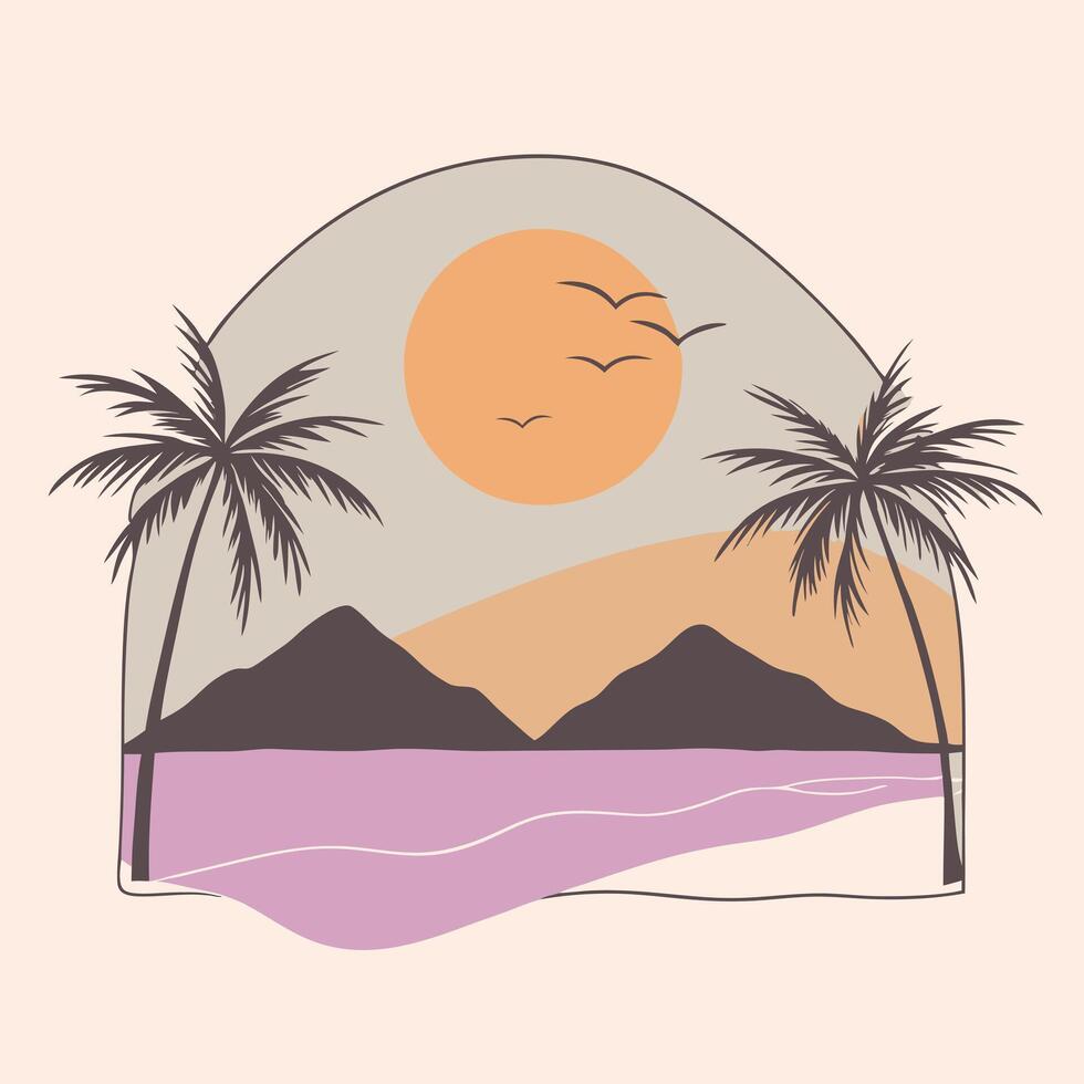 A serene hill tropical beach sunset with coconut tree summer. vector