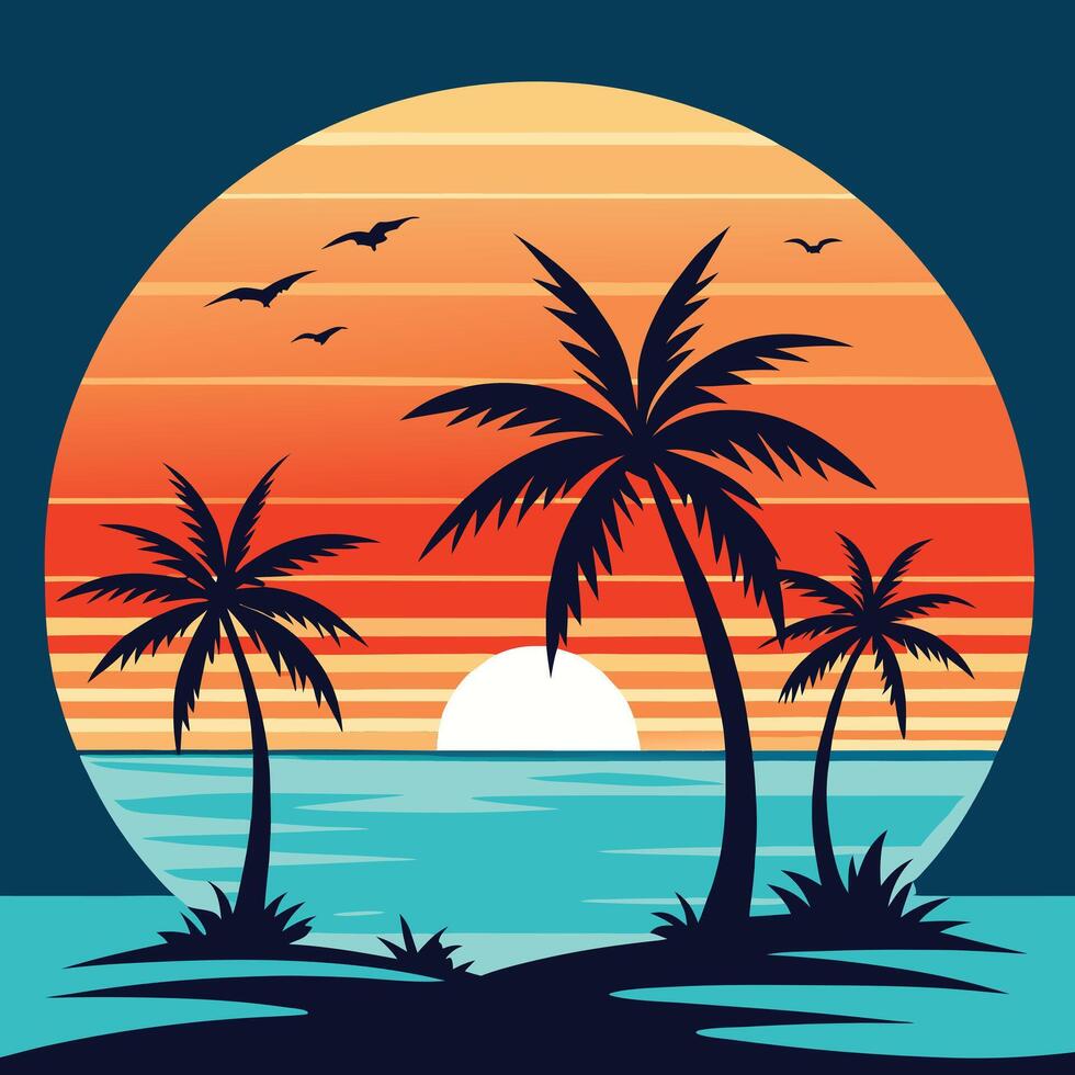 Beach sunset with coconut tree summer. Gradient beach sunset landscape with palm tree background. vector