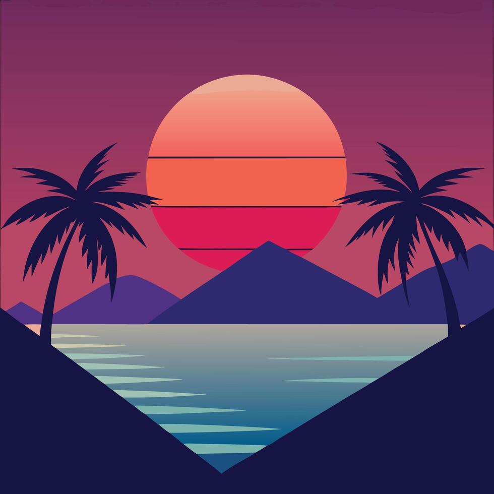 Beautiful tropical beach sunset with coconut tree summer. vector