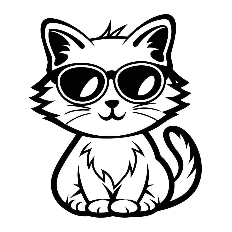 Cool cat sunglasses cartoon style black and white. A cat wearing sunglasses. vector