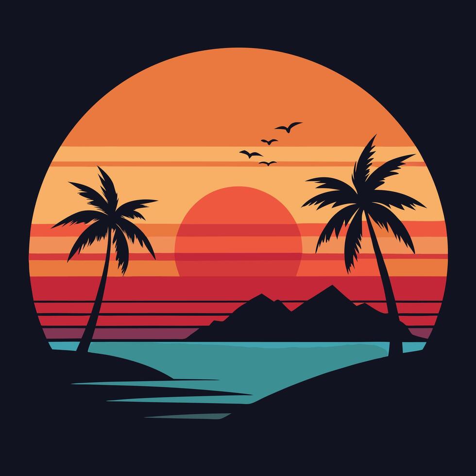 Beautiful sunset over beach, ocean and palm trees. Tropical beach sunset with coconut tree summer. vector