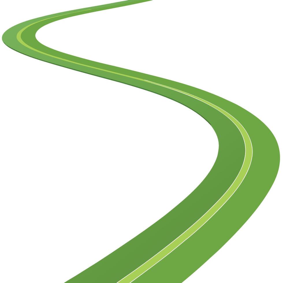 Winding road curves highway green asphalt. Highway path curves toward city buildings urban skyline. vector