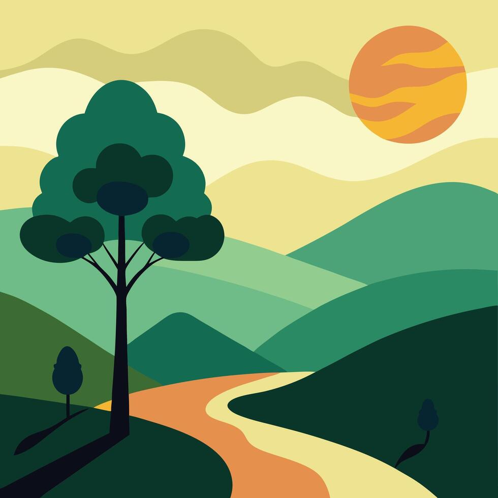 Serene landscape stylized nature illustration. landscape features a peaceful scene below the soft blue sky . vector