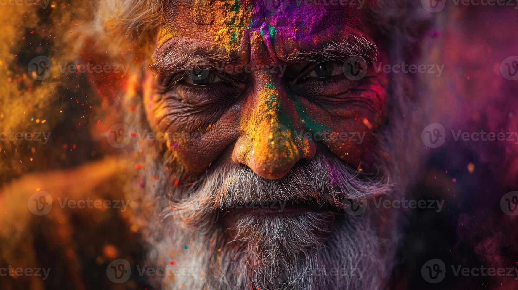 An old man with a beard and a mustache covered in colored powder photo
