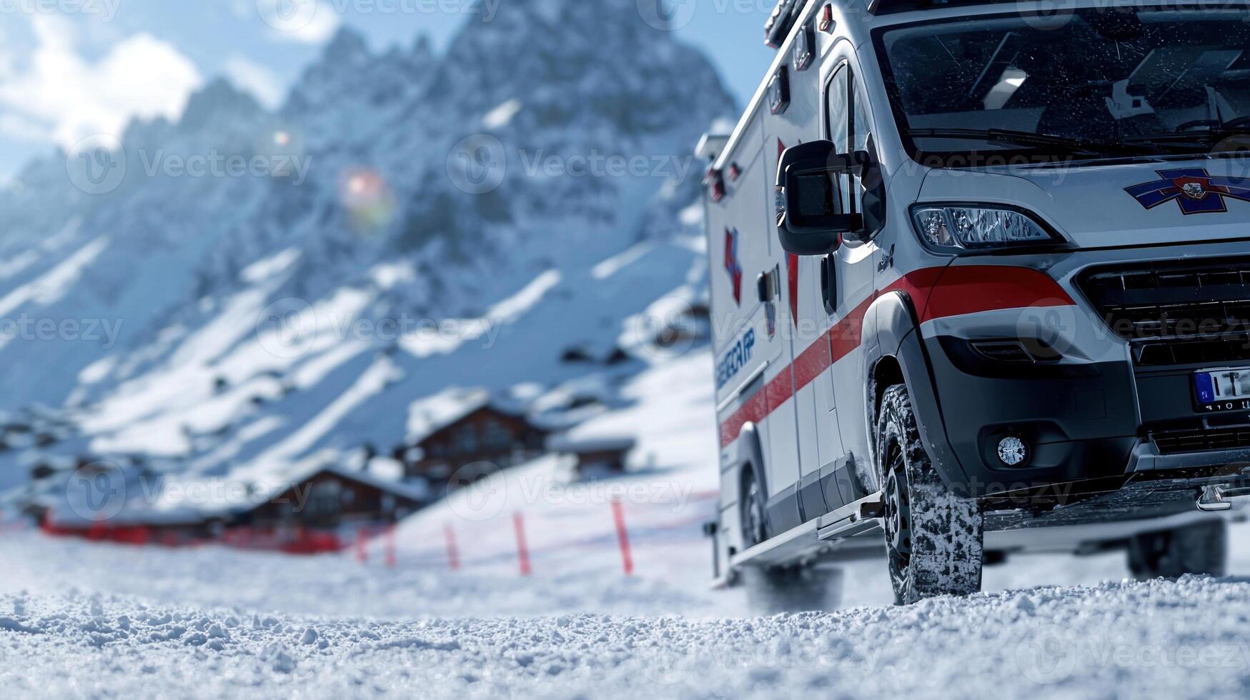 An ambulance is driving down a snowy road photo