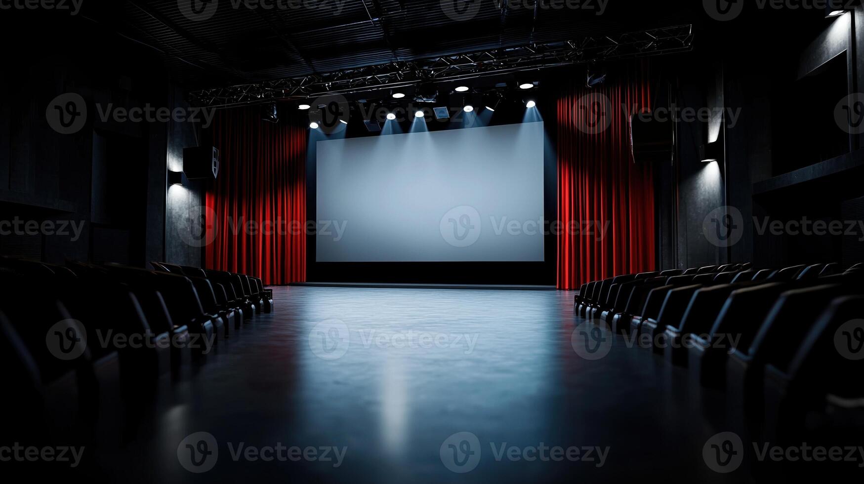 A movie theater with a large screen and red curtains photo