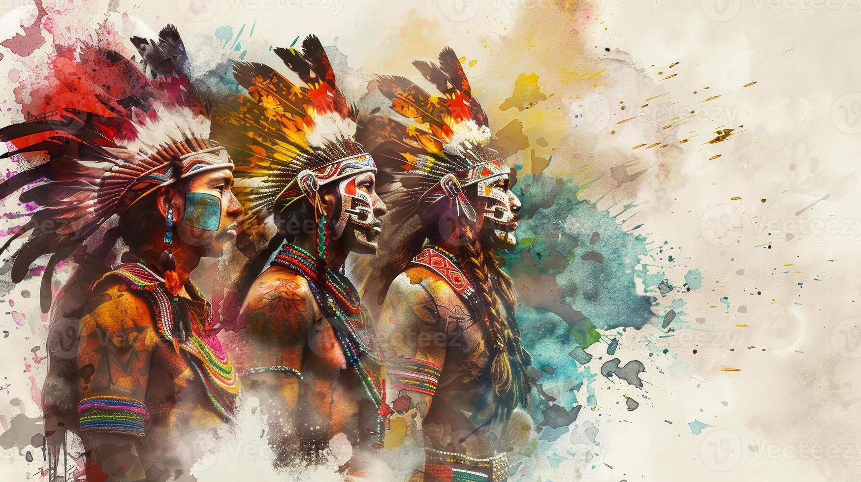 Three Native American men are standing in front of a colorful background photo