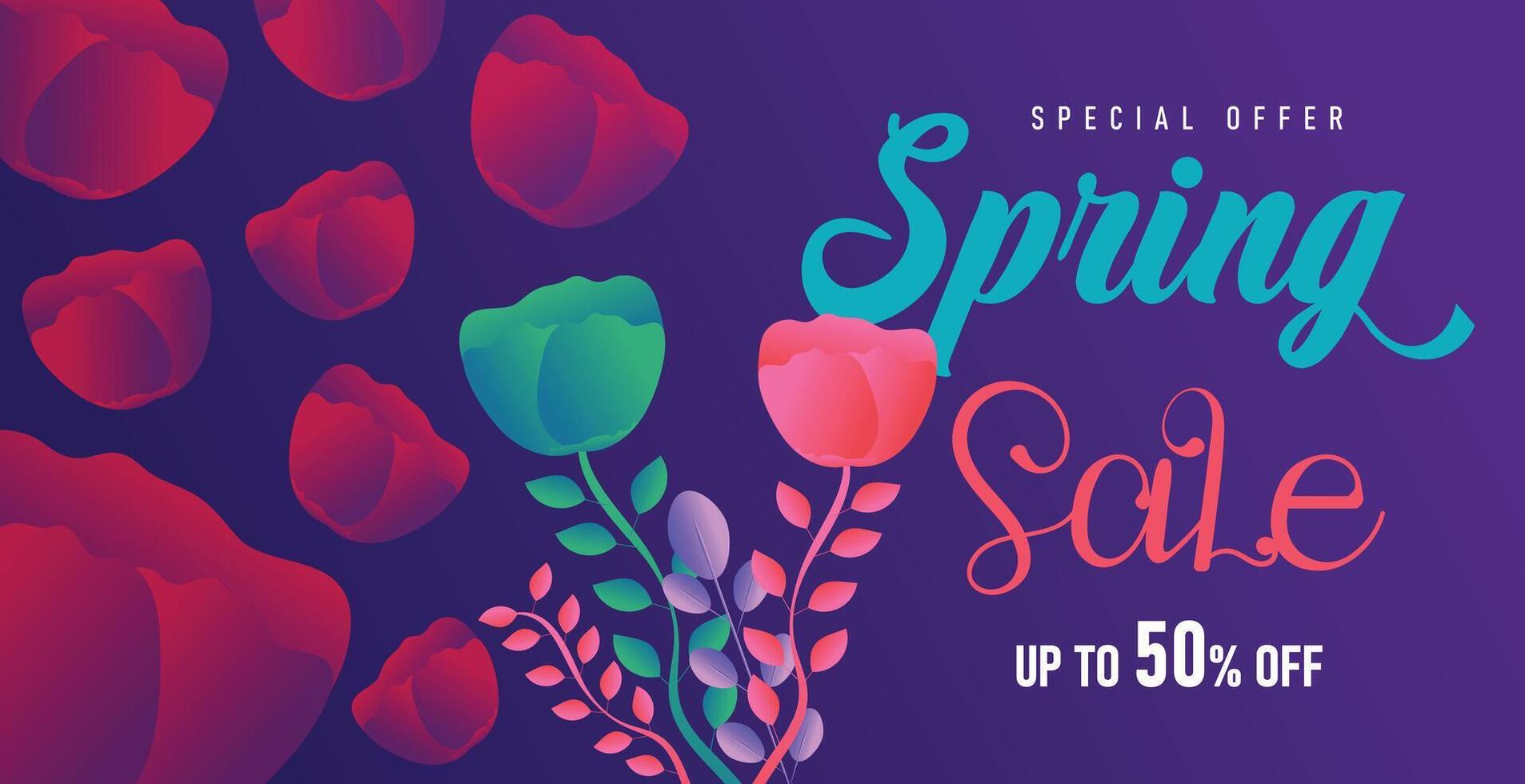 Stylish spring sale banner with dark background, glowing floral graphics, modern typography, and an elegant touch for seasonal marketing promotions vector