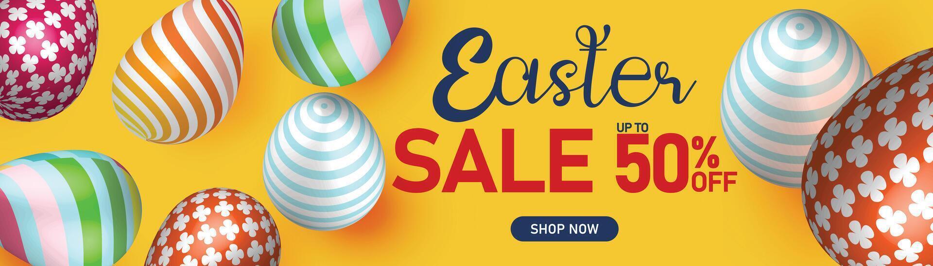 Easter sale banner with colorful eggs, yellow background, and 50 off discount, vibrant holiday shopping promotion, festive template vector