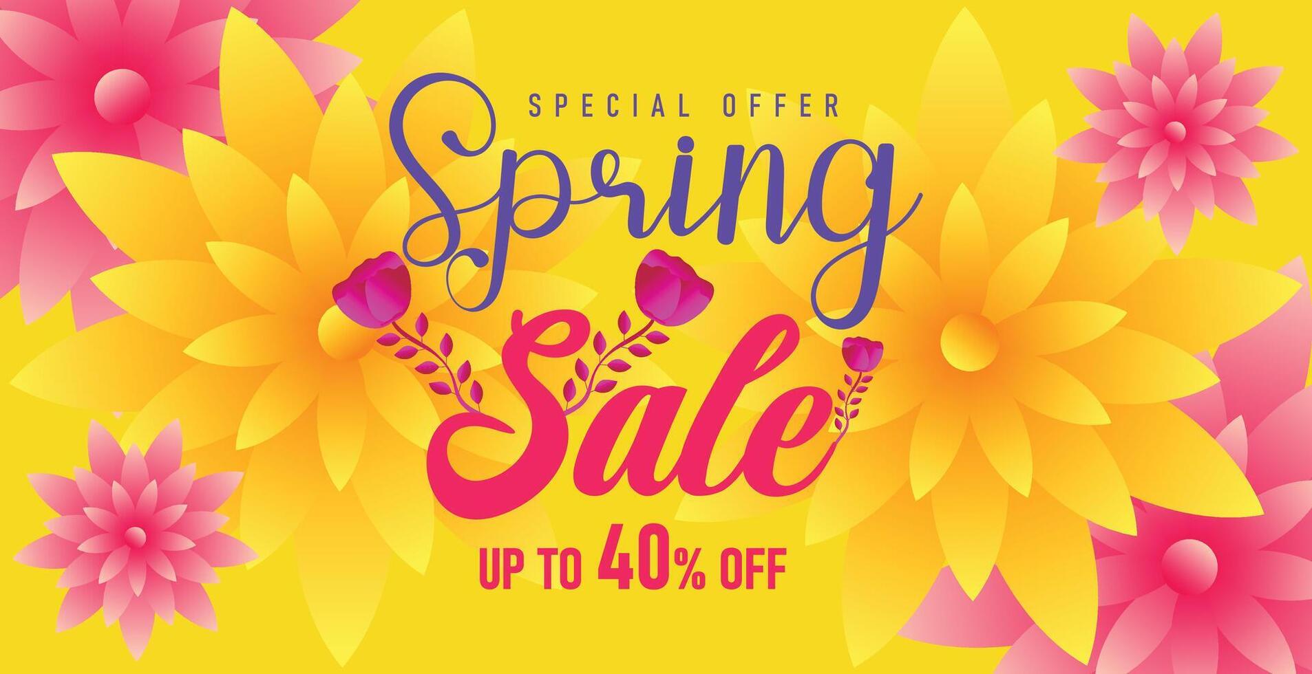 Bright yellow spring sale banner with floral decorations, modern typography, and vibrant seasonal discount for promotions vector