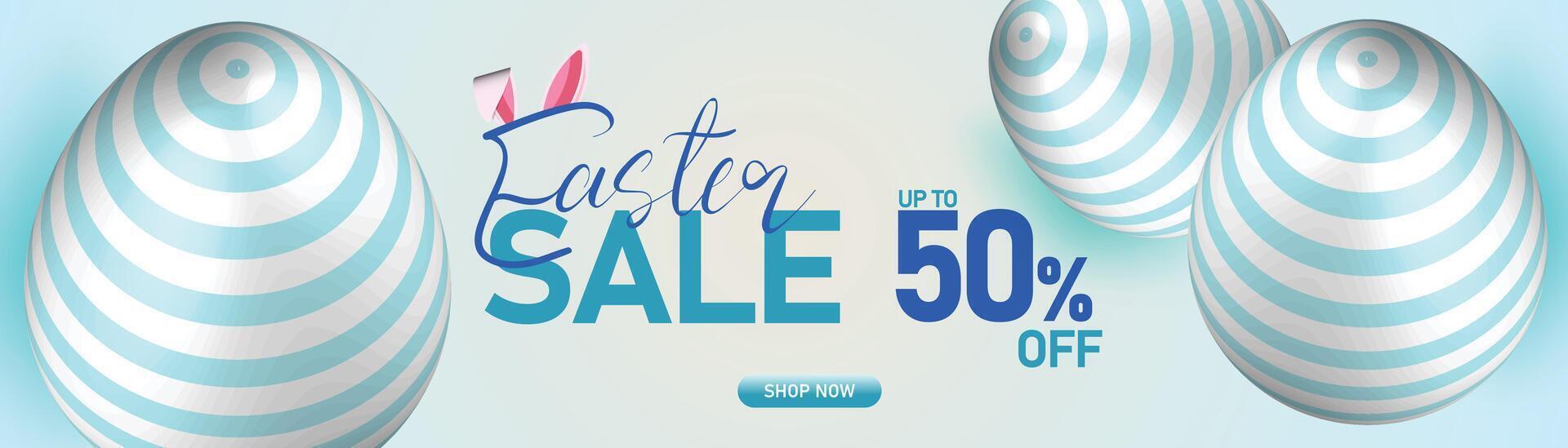 Easter sale banner with white and blue decorated eggs, minimal design, 50 off discount, spring holiday shopping and festive template vector