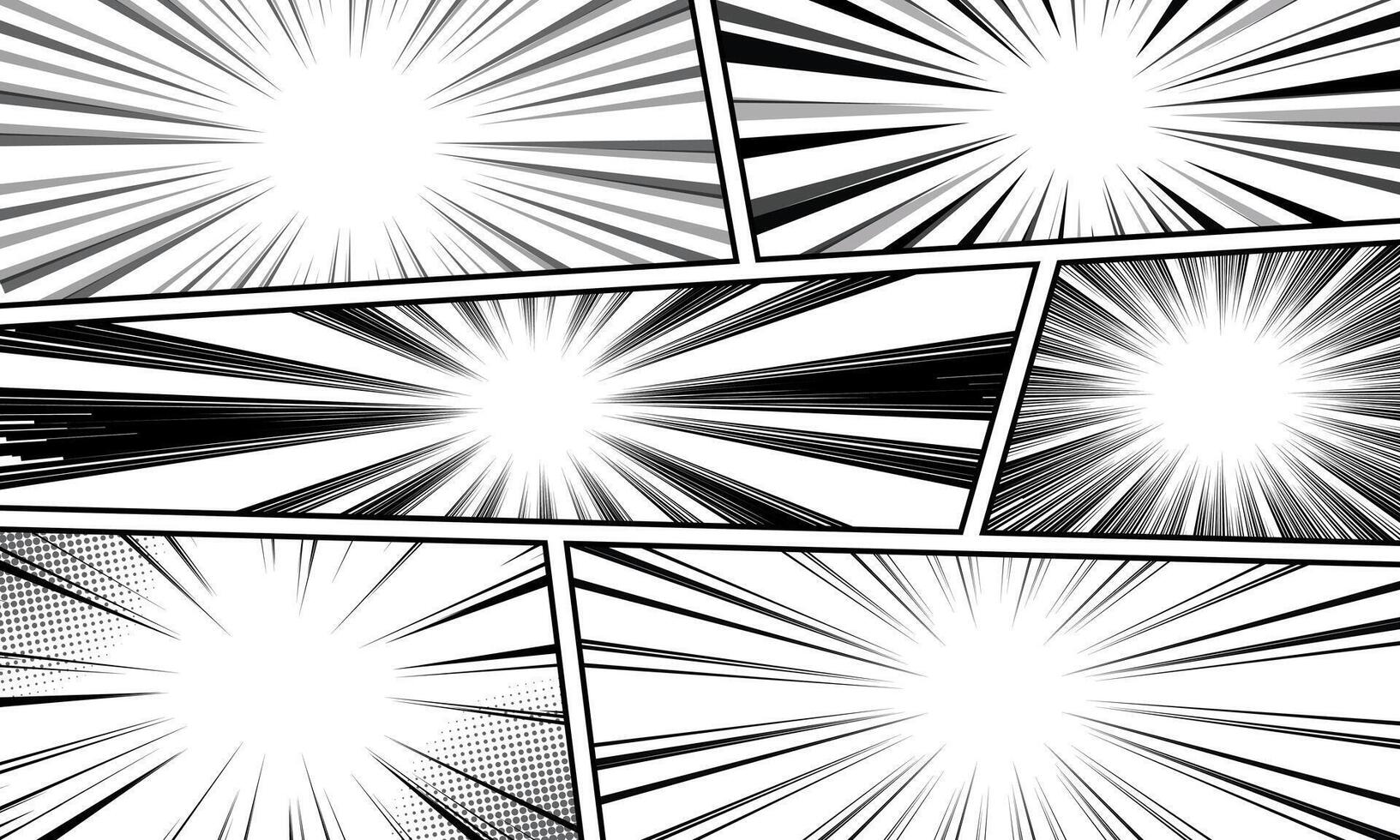 Comic book page composition with halftone radial lines effect. vector