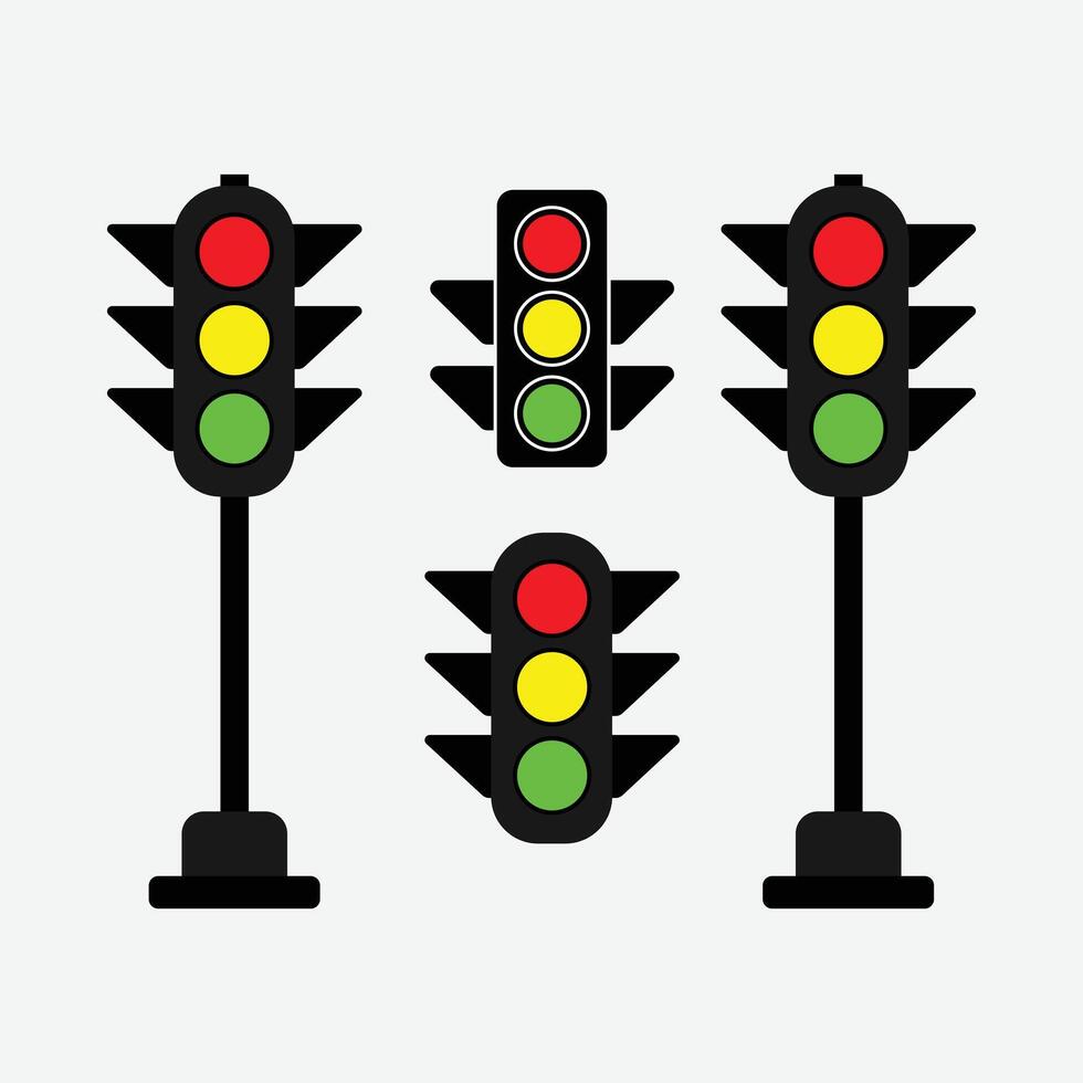 Traffic Signal Icon Set. Traffic Lights Vectors Icons. Traffic Control Icon Collection. Stoplight Icon Set. Red Yellow Green.