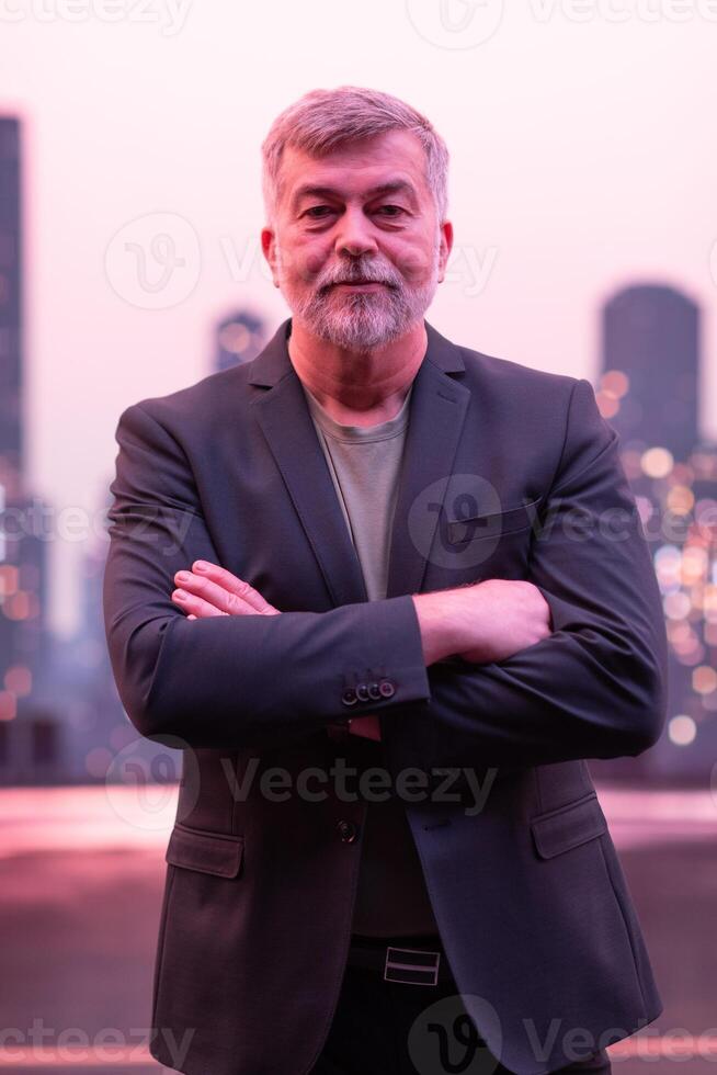 Confident Senior Gentleman with a Smile in an Urban Cityscape. photo