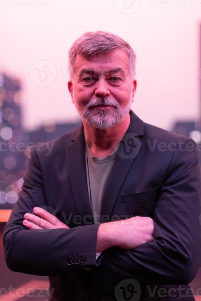 Confident Senior Gentleman with a Smile in an Urban Cityscape. photo