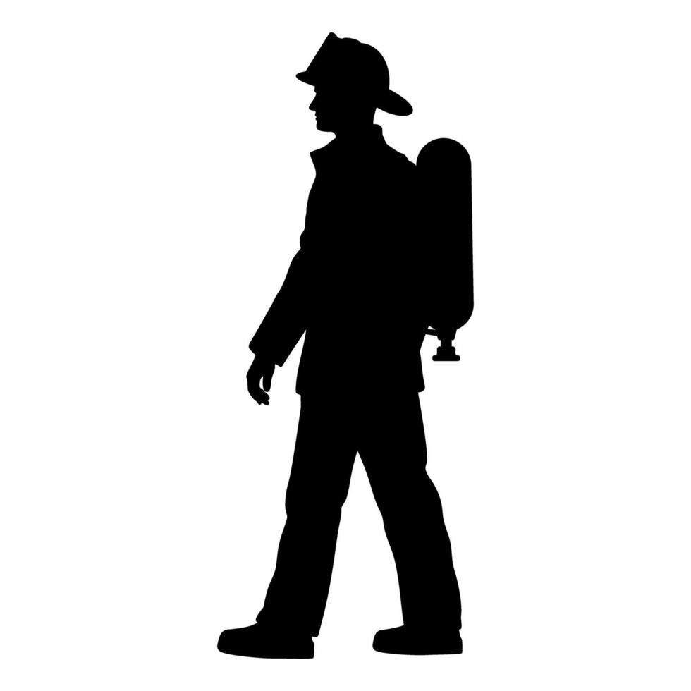 Silhouette of a firefighter walking with firefighting equipment illustration vector