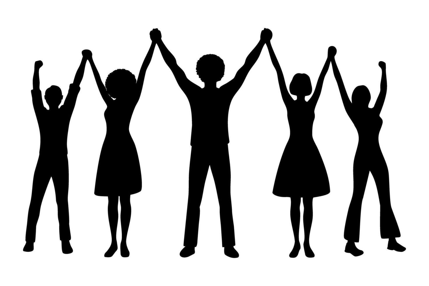 Silhouette of an interracial group of people raising arms and holding hands, celebrating victory and showing unity illustration vector