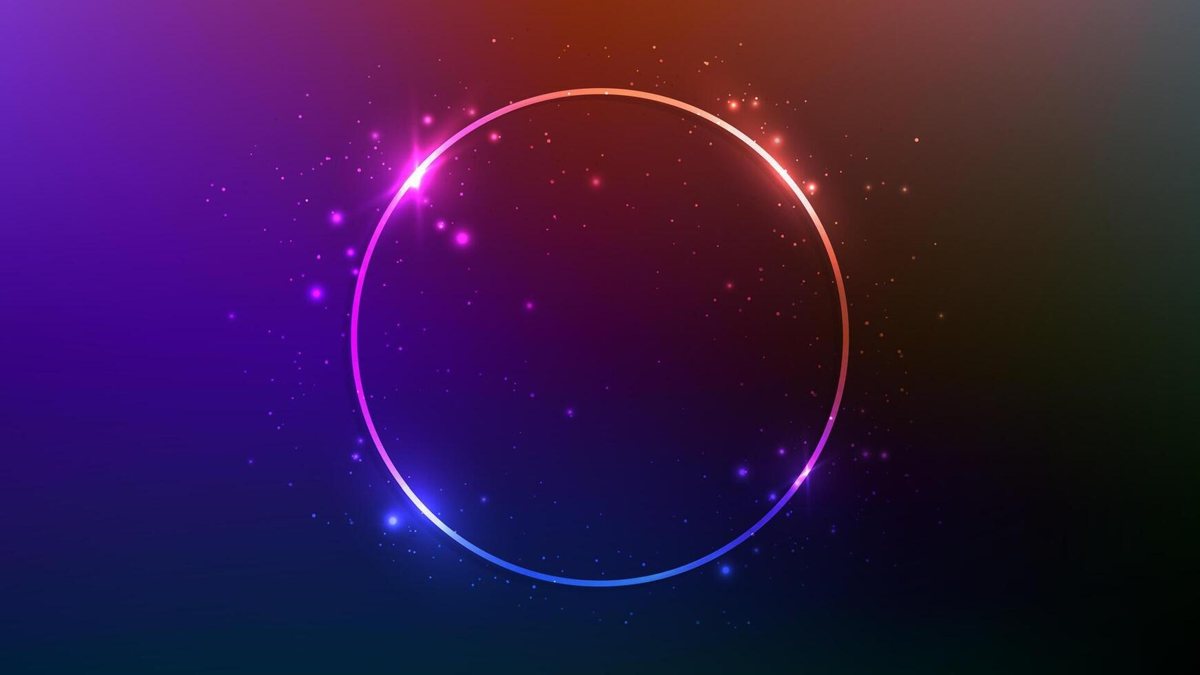 Neon circle frame with shining effects and sparkles on dark purple background. Empty glowing techno backdrop. illustration vector