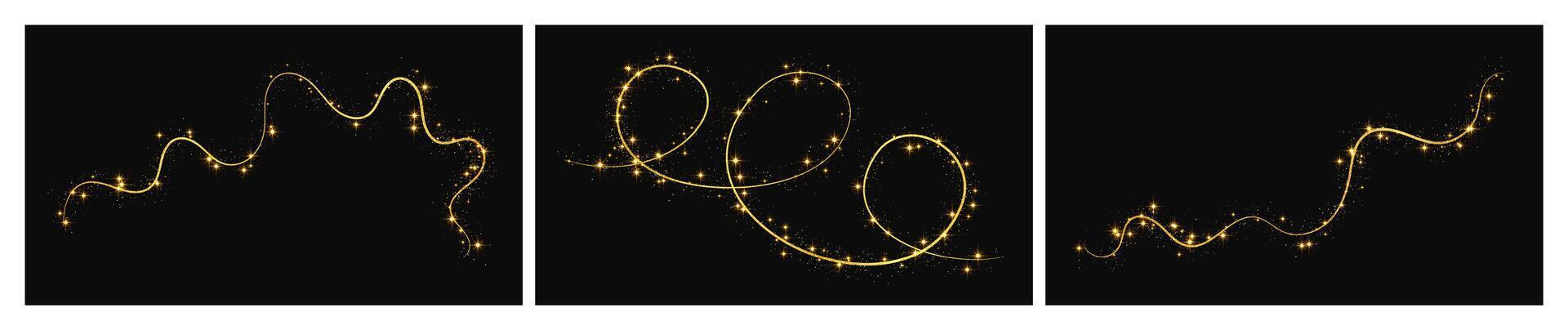 Glittering confetti wave. Set of three backdrops with golden magical sparkles on dark background. illustration vector