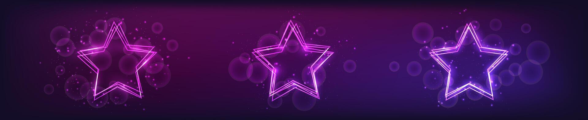 Set of three neon frames in star form with shining effects and sparkles on dark background. Empty glowing techno backdrop. illustration vector