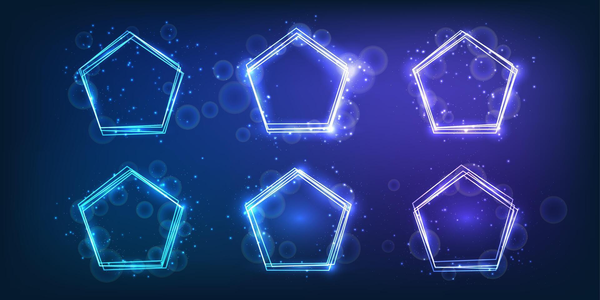 Set of neon frames in pentagon form with shining effects and sparkles on dark background. Empty glowing techno backdrop. illustration vector