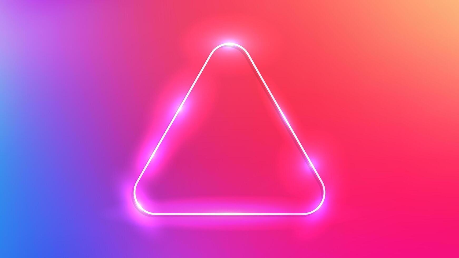 Neon rounded triangle frame with shining effects on colourful background. Empty glowing techno backdrop. illustration vector