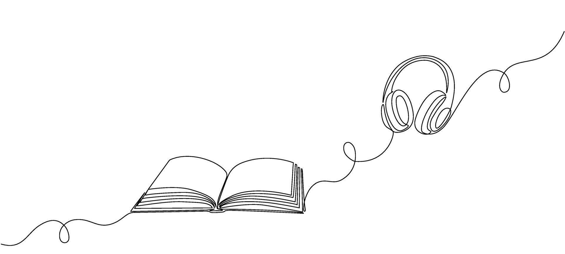 Single continuous editable line of audiobook and headphones. Concept of online service for audio reading, learning in minimal linear style. illustration vector