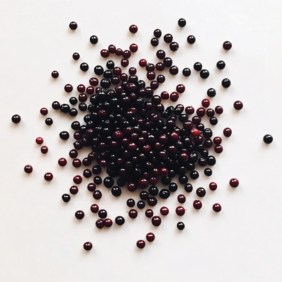 A pile of black and red berries on a white surface photo