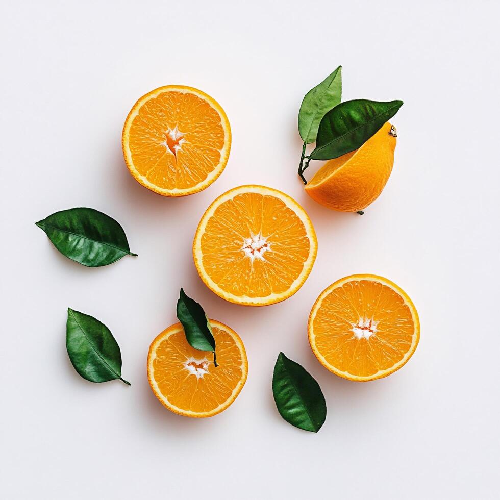 Juicy Orange Fruit Halves with Green Leaves Flat Lay White Background Healthy Food Concept photo