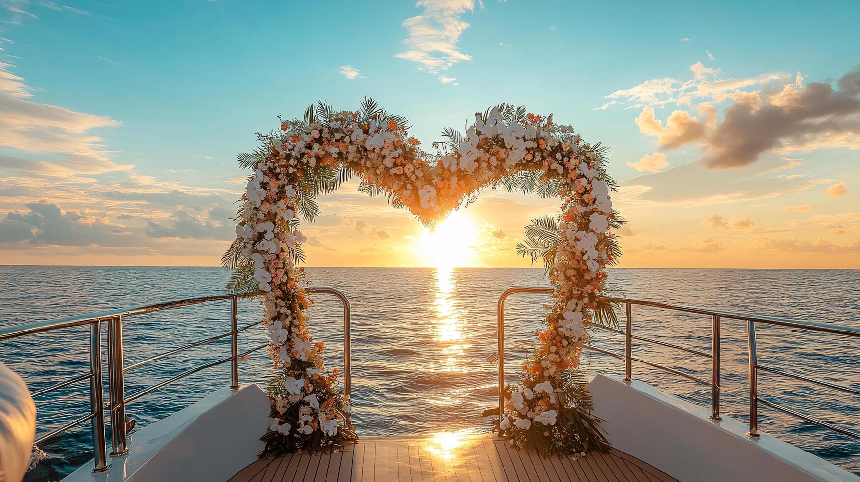 Romantic Sunset Ocean Wedding Arch Floral Decor Yacht Ceremony photo