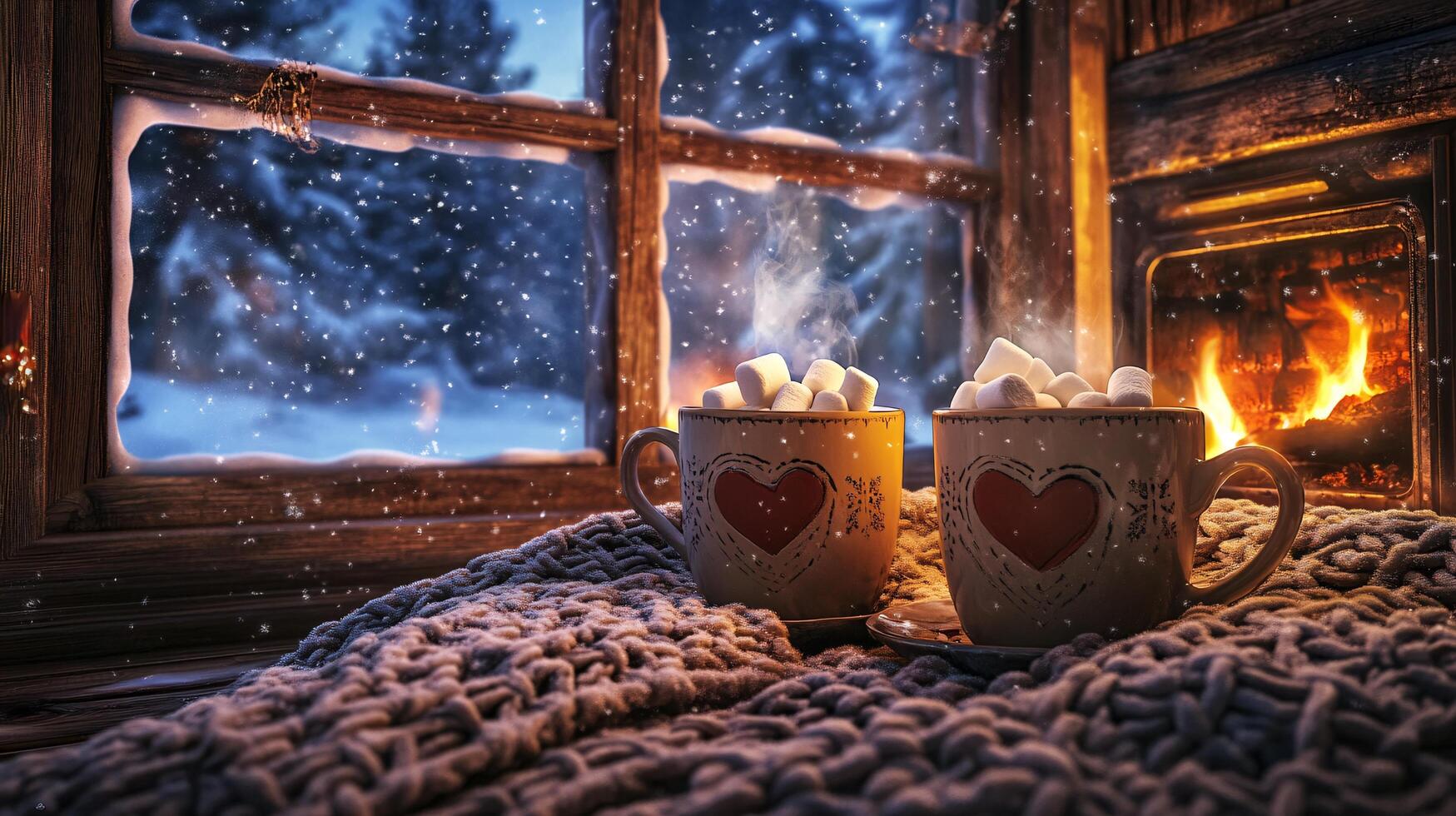 Cozy Winter Scene Hot Chocolate with Marshmallows by Fireplace and Snowy Window photo