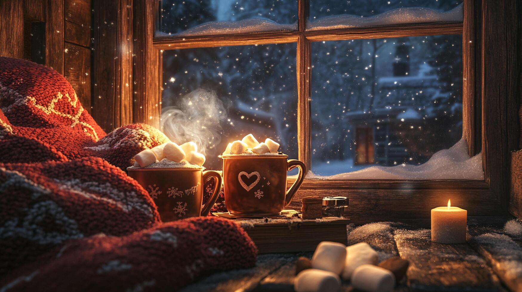 Cozy Winter Scene Hot Chocolate with Marshmallows by Snowy Window photo