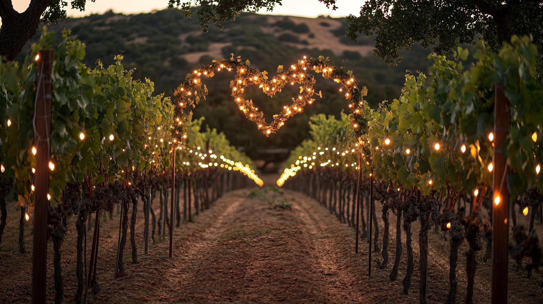 Romantic Vineyard Pathway with Heart Shaped String Lights at Dusk photo