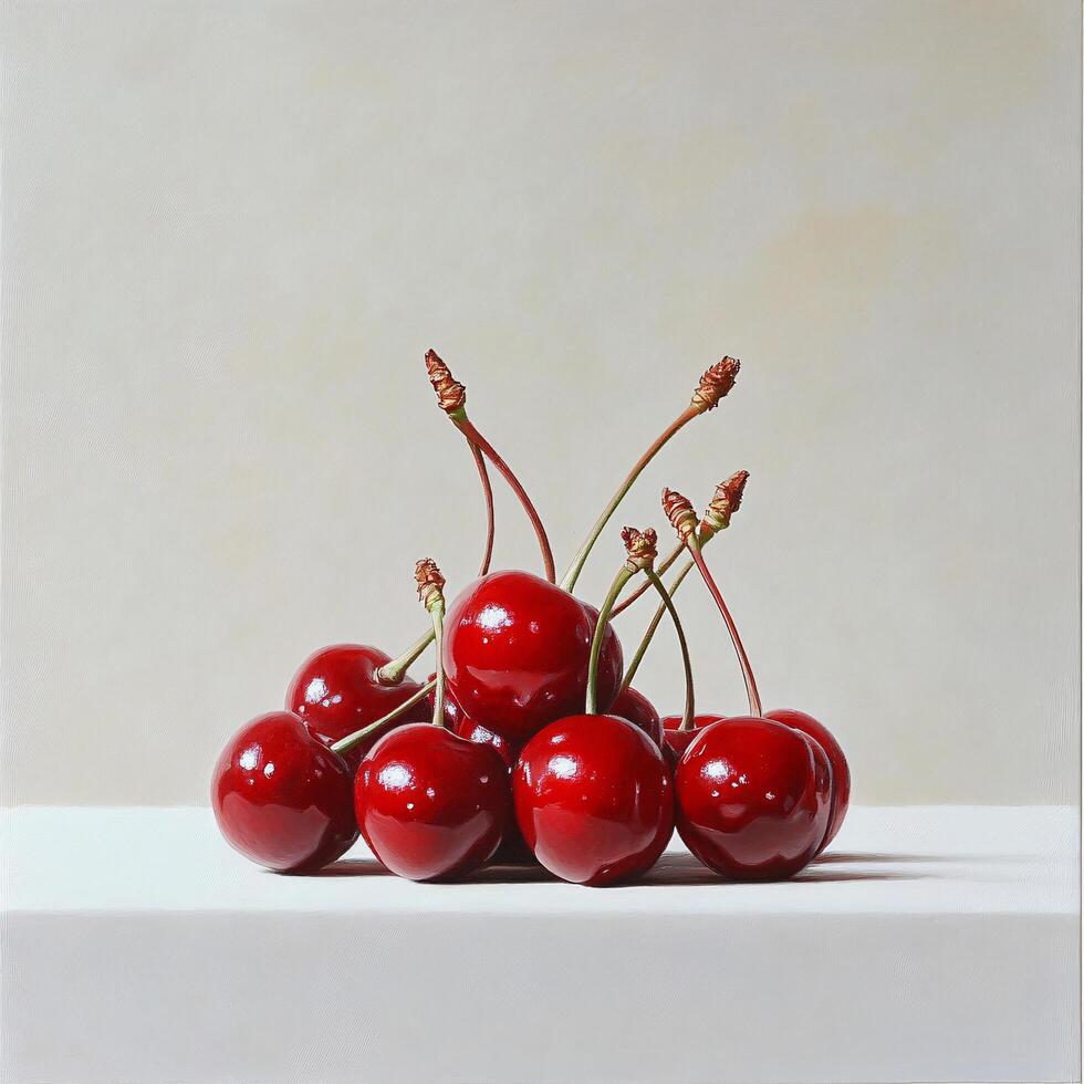 Still Life Photography of a Pile of Fresh Ripe Red Cherries on White Background photo