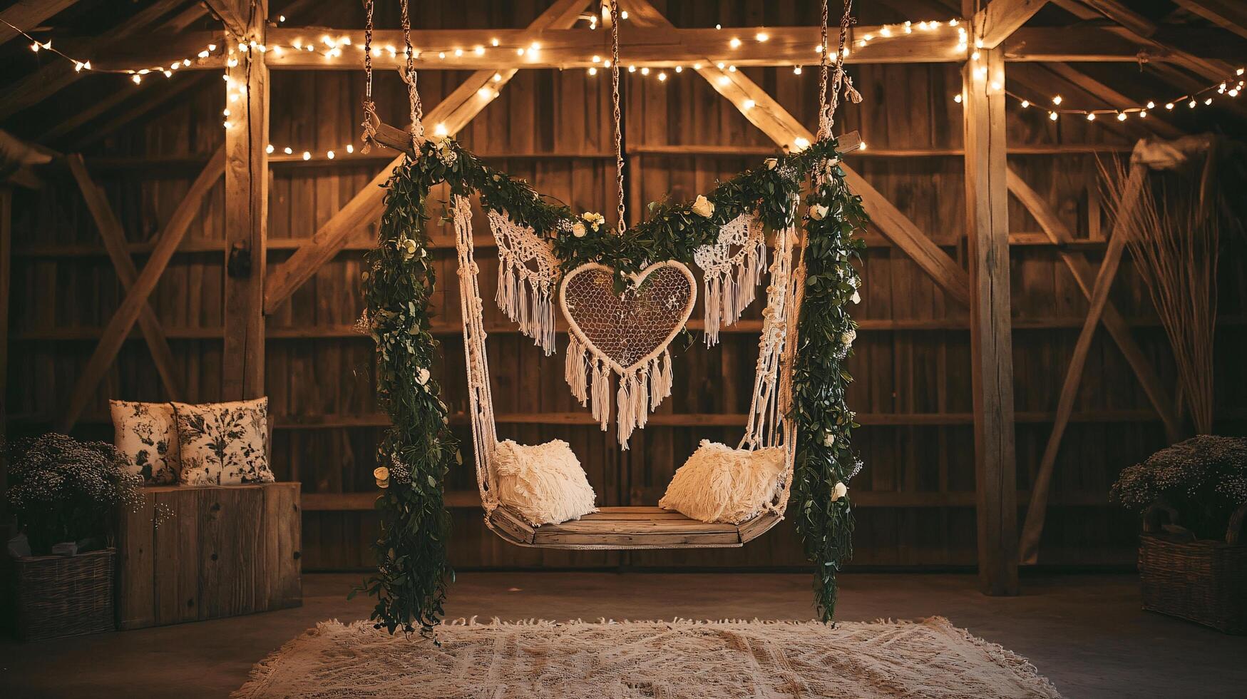 Romantic Rustic Barn Wedding Swing Decor Macrame Heart Fairy Lights Greenery photo