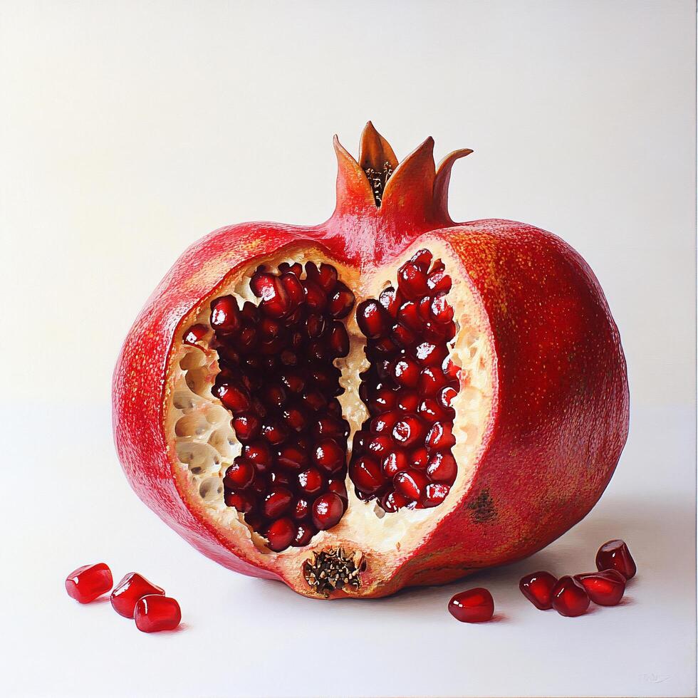 Juicy Red Pomegranate Cut Open Revealing Seeds Still Life Photography photo