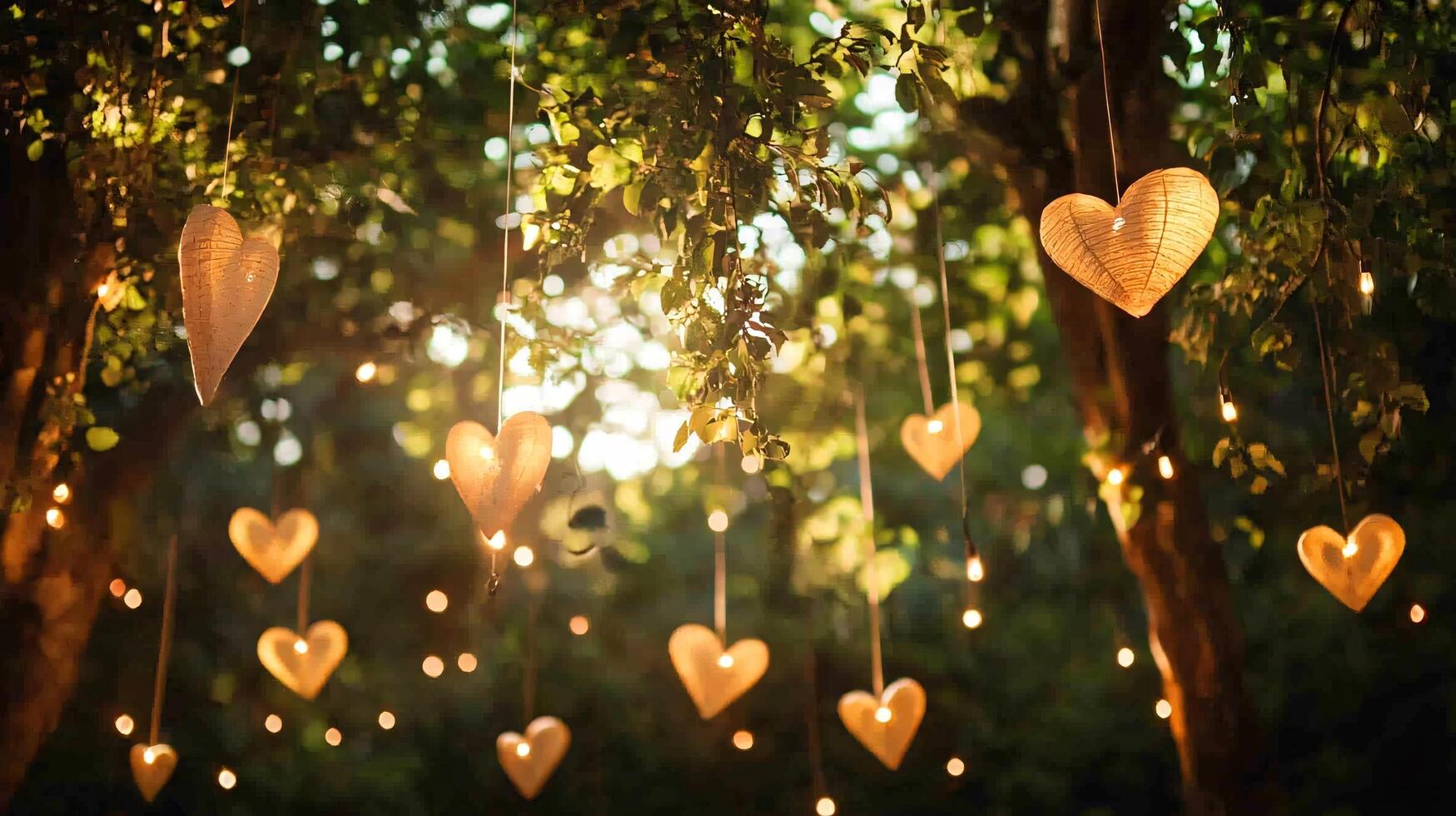 Romantic Evening Glowing Heart Lanterns Hanging in a Lush Garden photo