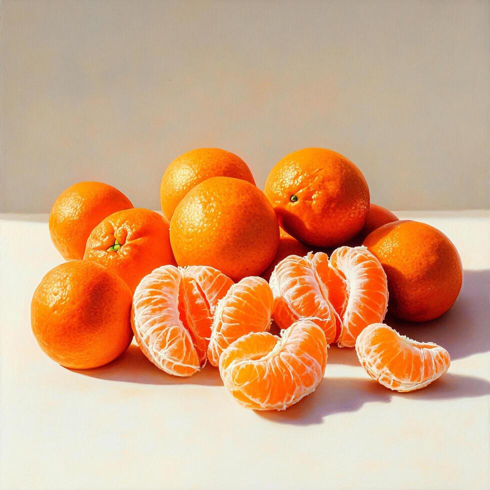 Juicy Mandarin Oranges Whole and Peeled Segments Still Life Photography photo