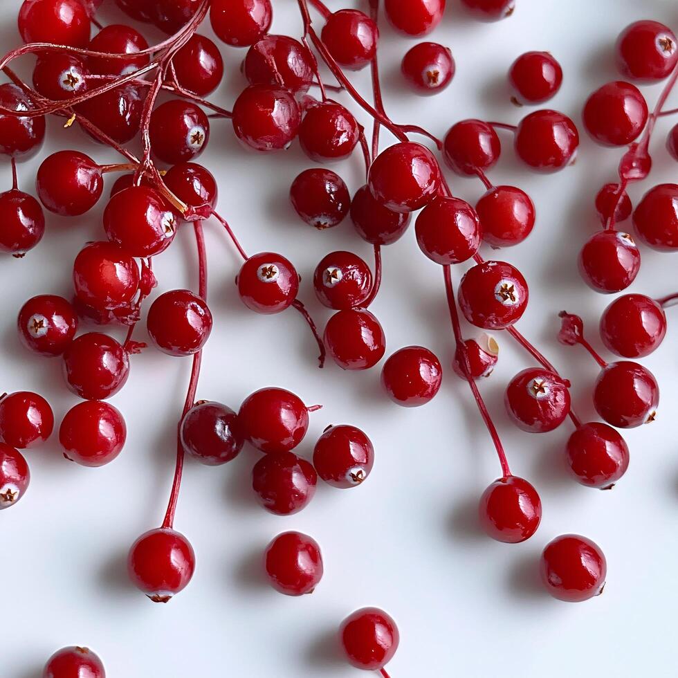 A bunch of red berries on a white surface photo