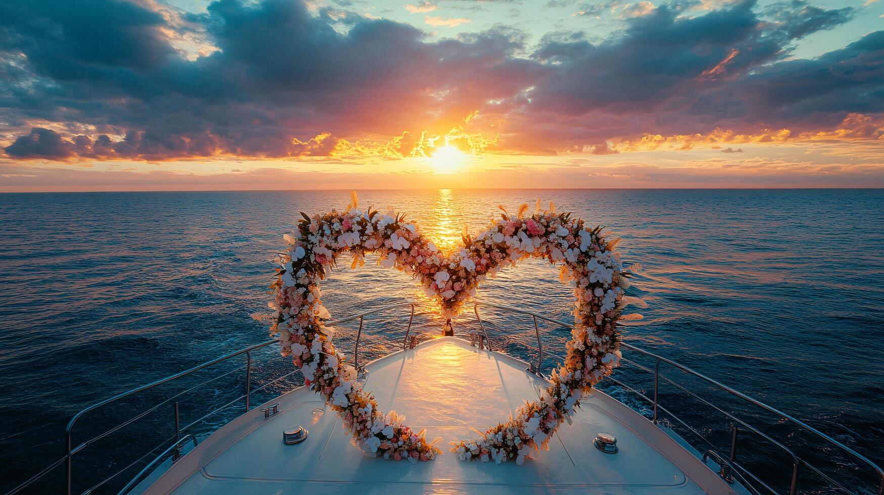 Romantic Heart Shaped Floral Arch on Yacht at Sunset Ocean Wedding Ceremony photo