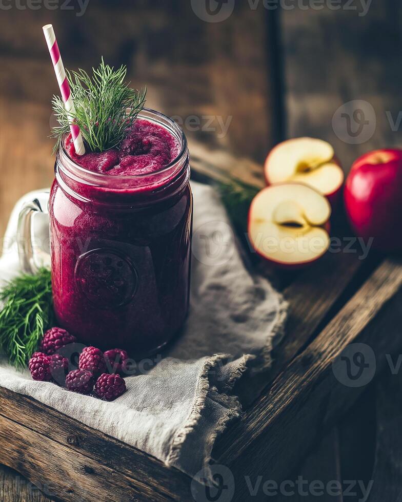 Rustic Berry Smoothie on Antique Wooden Crate photo
