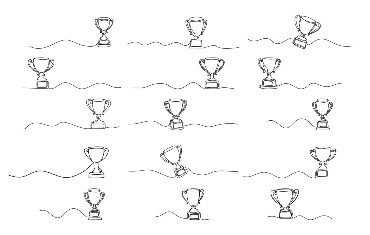 A set of award trophies, highlighted with a single-line icon drawing, symbolizes the championship with a doodle style. vector