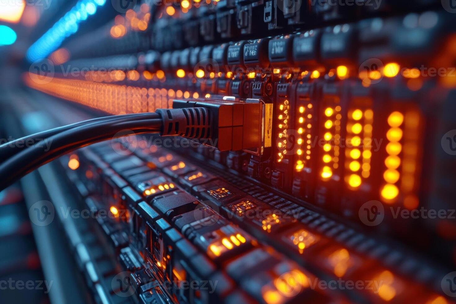 Connecting internet cable to a network switch with data flow display and colorful panel photo