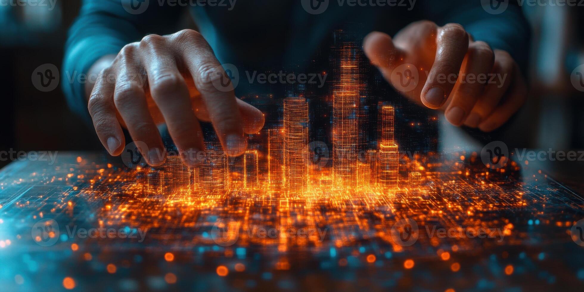 Man using digital tablet featuring hologram of modern building in real estate technology concept photo